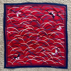 Hanae Mori Silk Scarf Red Butterfly Print Navy Border 30” Square Luxury Classic
